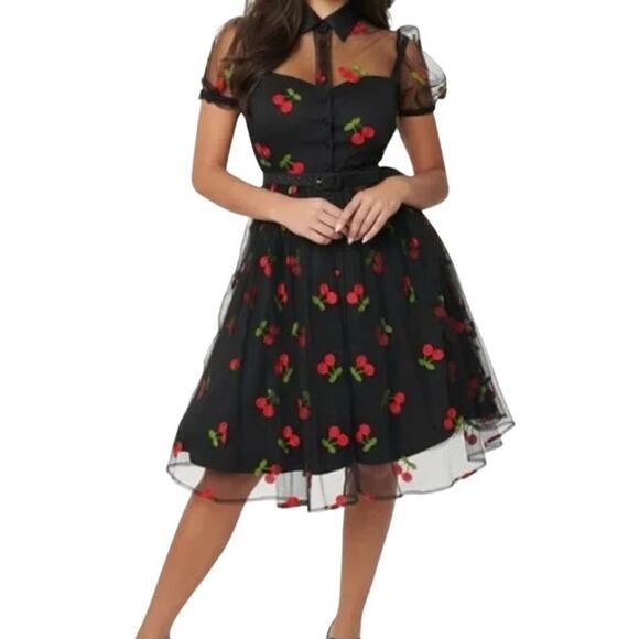 Unique Vintage Collared Sheer Embroidered Black Red Cherry Dress size L 10 12 - Picture 2 of 15